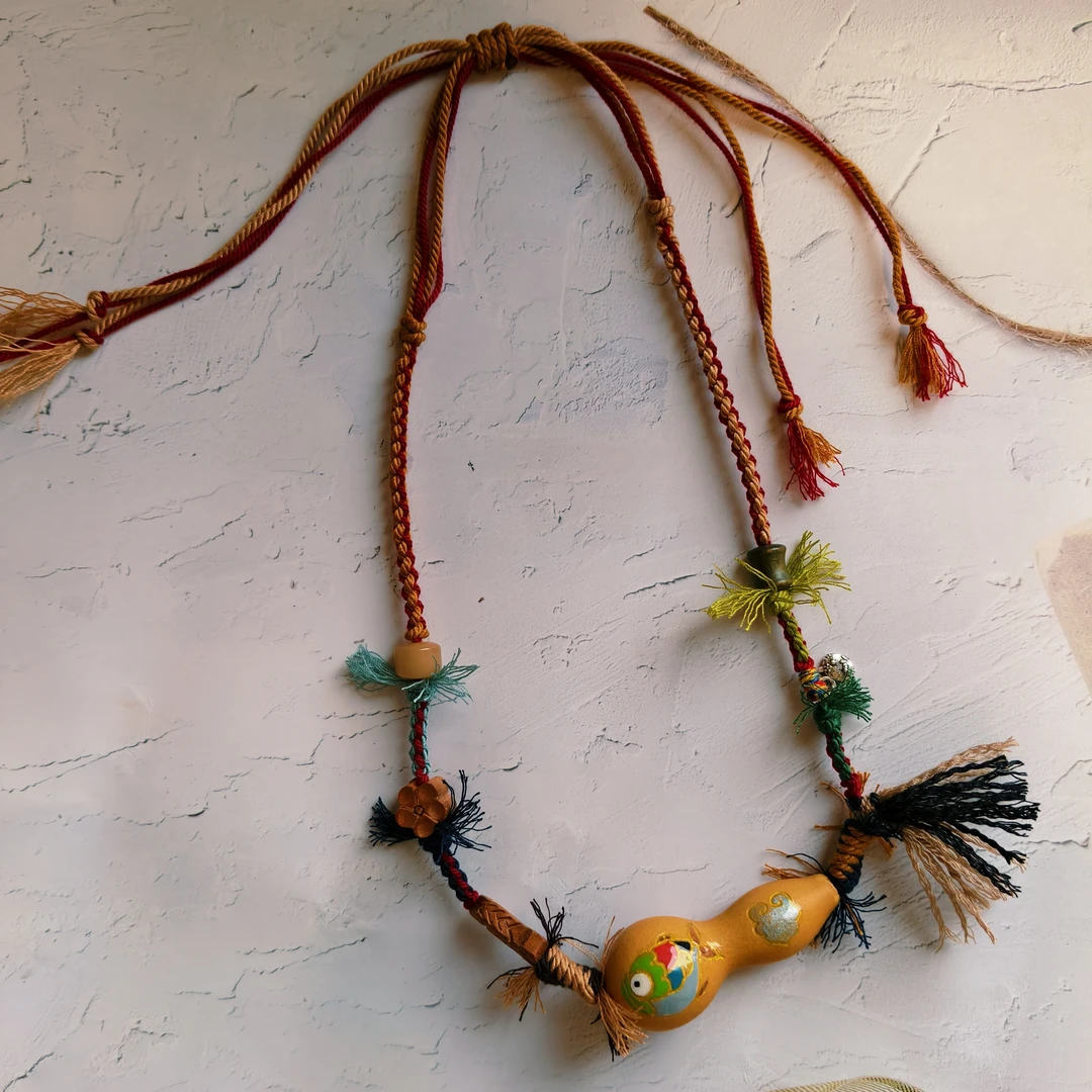 原创设计手工藏式编织天然葫芦项链刻画锦鲤如意纹百搭饰品