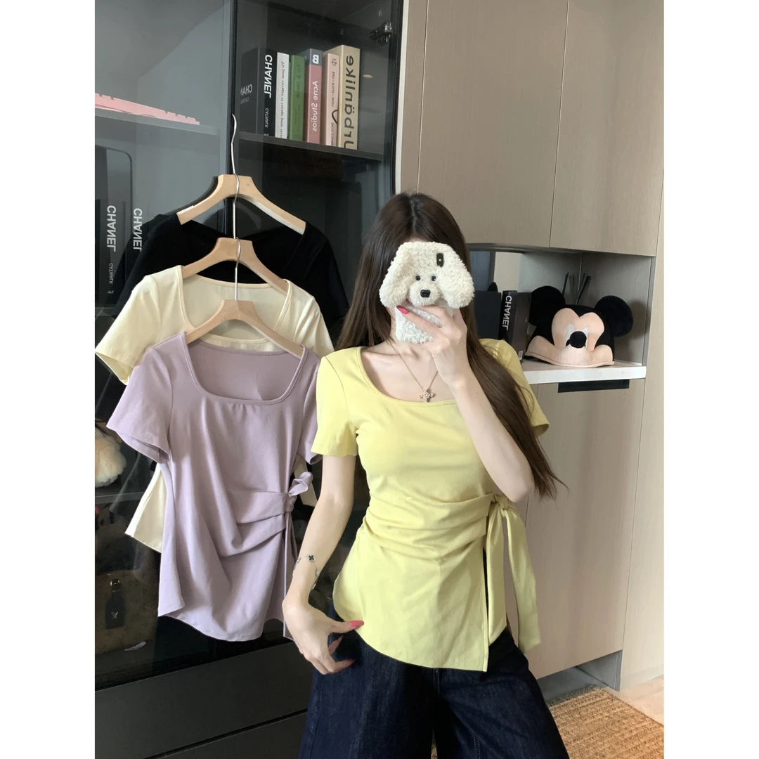 大码胖mm遮肚子显瘦上衣女2025夏季设计感开叉绑带短袖T恤