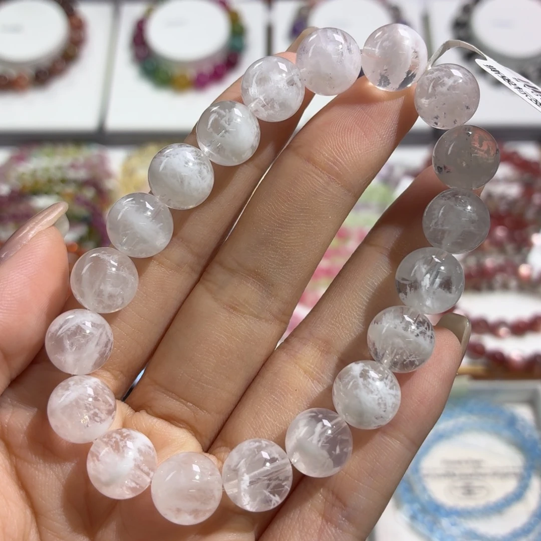 水晶手串未镶嵌透体白雪花幽灵10+