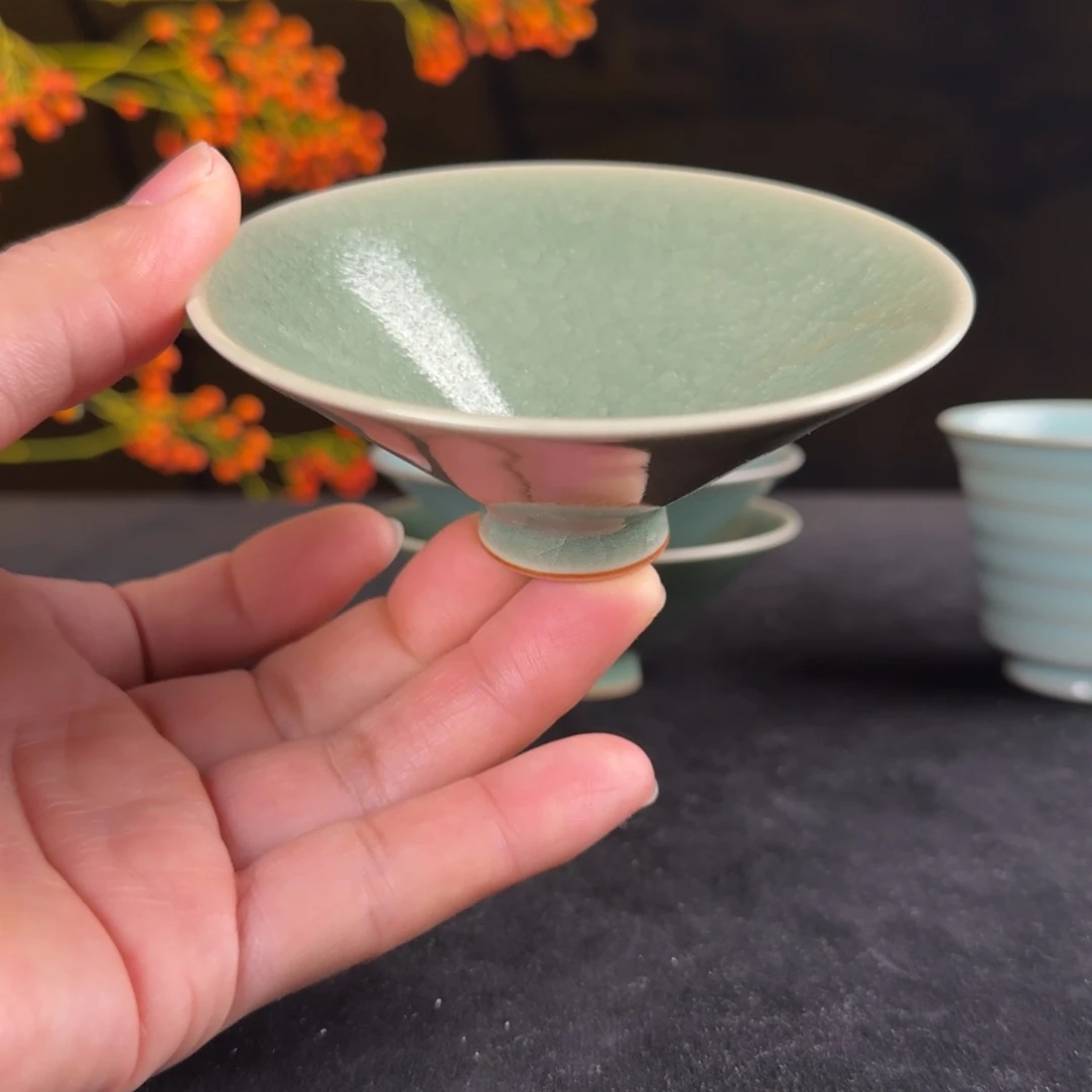 摆件汝瓷冰花鱼鳞开片斗笠杯