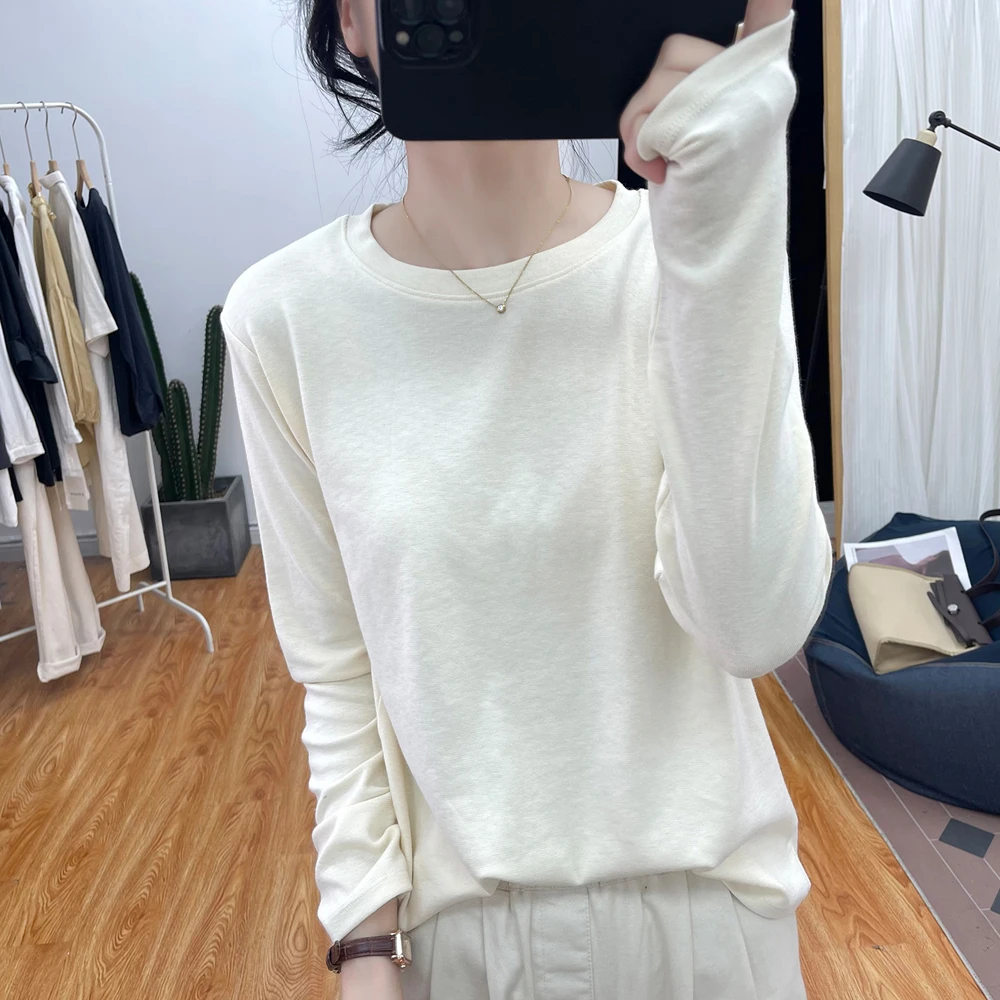 秋冬雪花棉打底衫女内搭柔软自发热上衣圆领宽松减龄百搭长袖T恤