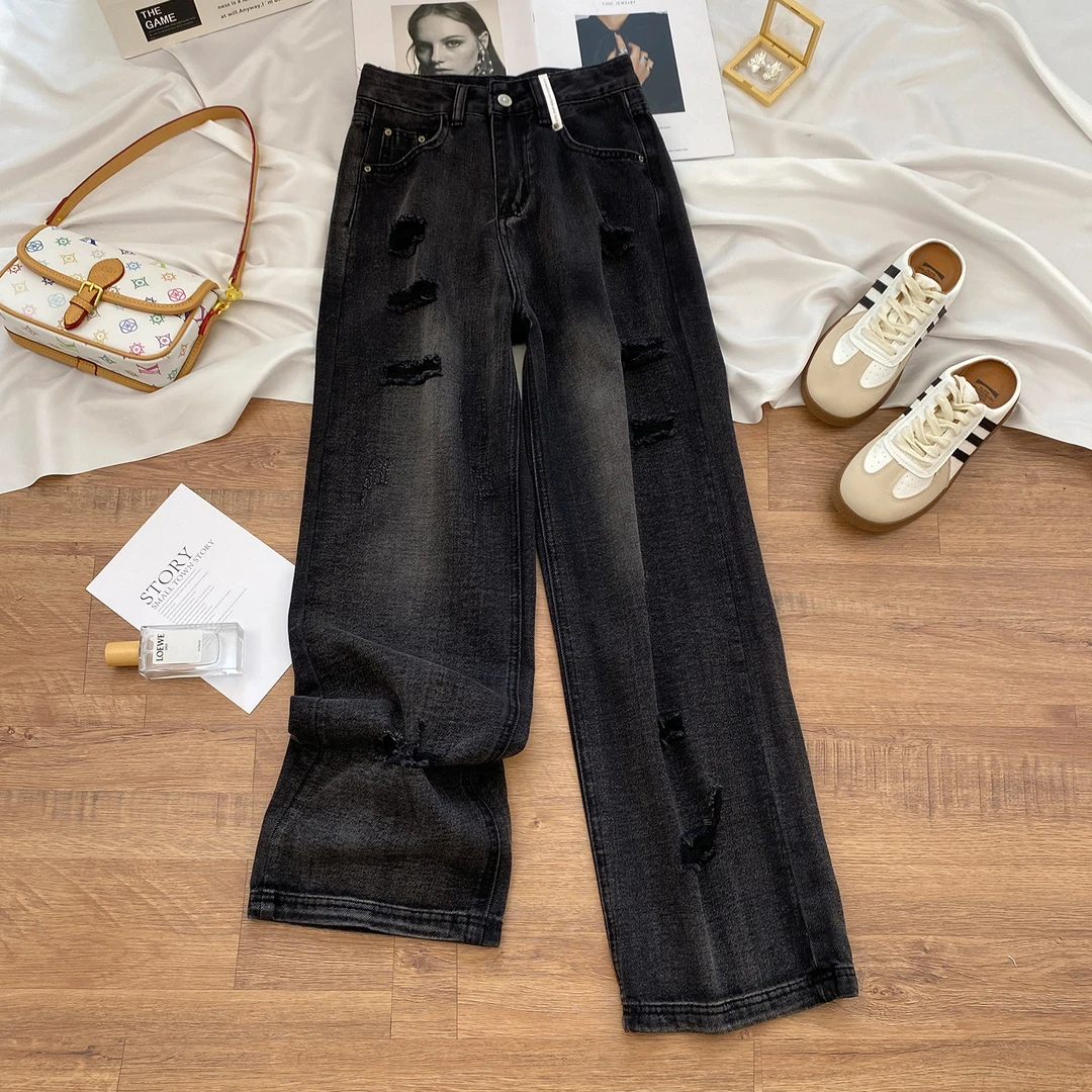 灰色破洞阔腿牛仔裤女2025年秋季薄款高腰宽松显瘦直筒乞丐裤子女
