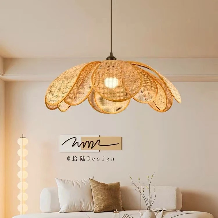 餐厅吊灯日式编织民宿房间卧室客厅灯藤编花瓣创意个性原木风吊灯