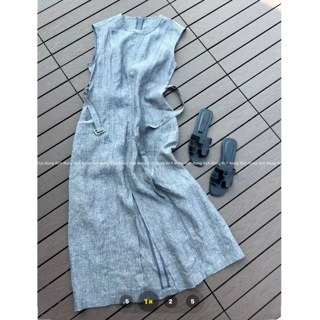 atong/阿彤-【色织亚麻】-2025极简100%亚麻腰带款GH连衣裙0604-02
