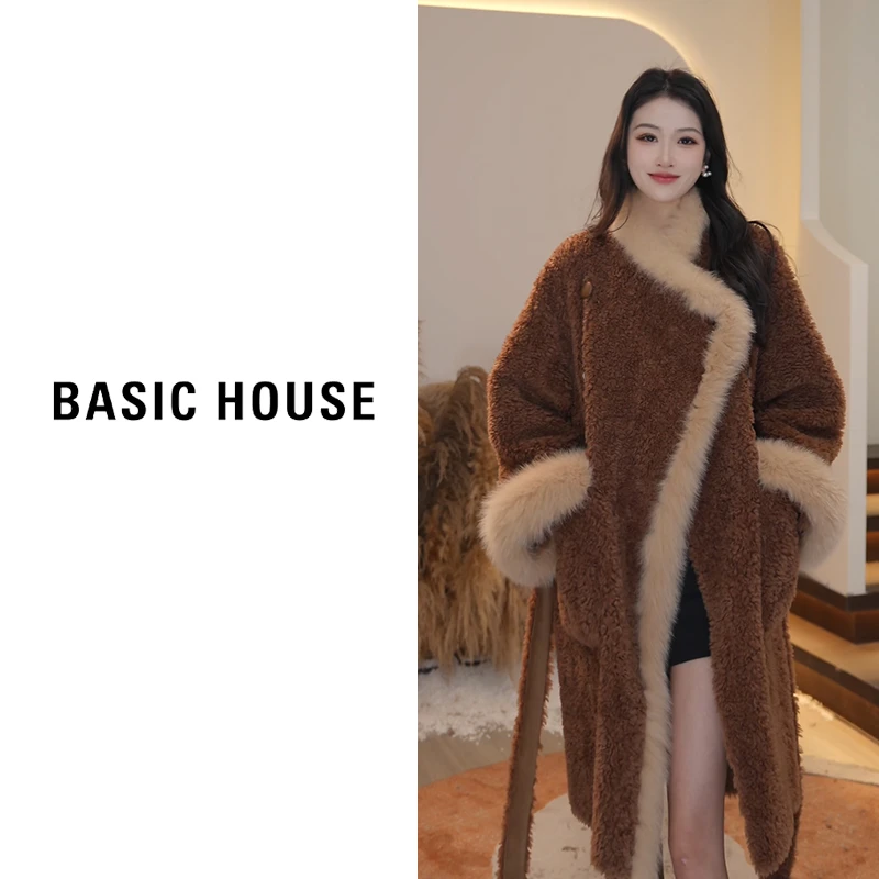 Basic House/百家好赫本风绵羊毛狐狸毛大衣B1294B5C022（衣长92）