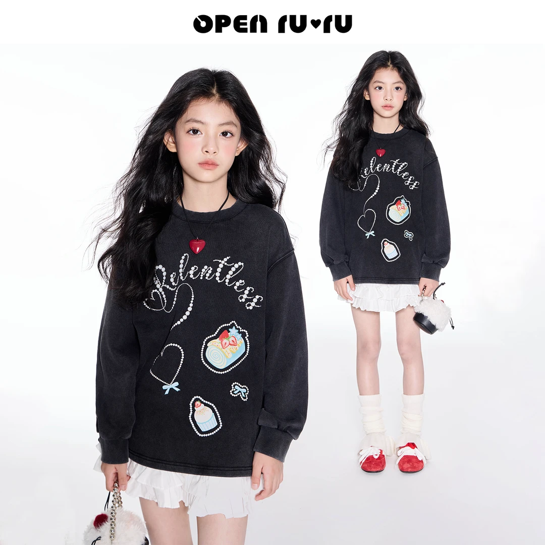 Opennunu女童蛋糕印花做旧炒色T恤秋季中大童斑驳感卫衣长袖上衣