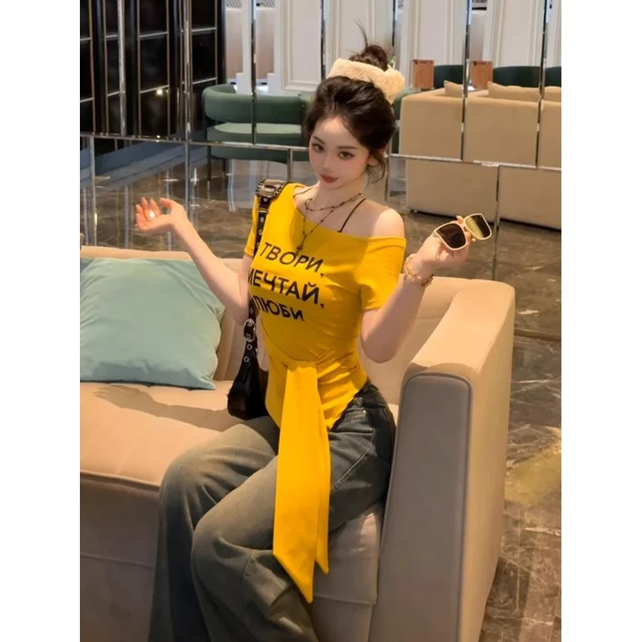 【运补6】纯欲风辣妹气质绑带短袖T恤2025夏季女新款收腰修身显瘦