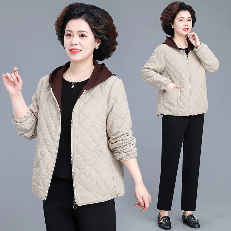 妈妈春装2025新款夹丝棉夹克休闲连帽中老年女装宽松大码外套洋气