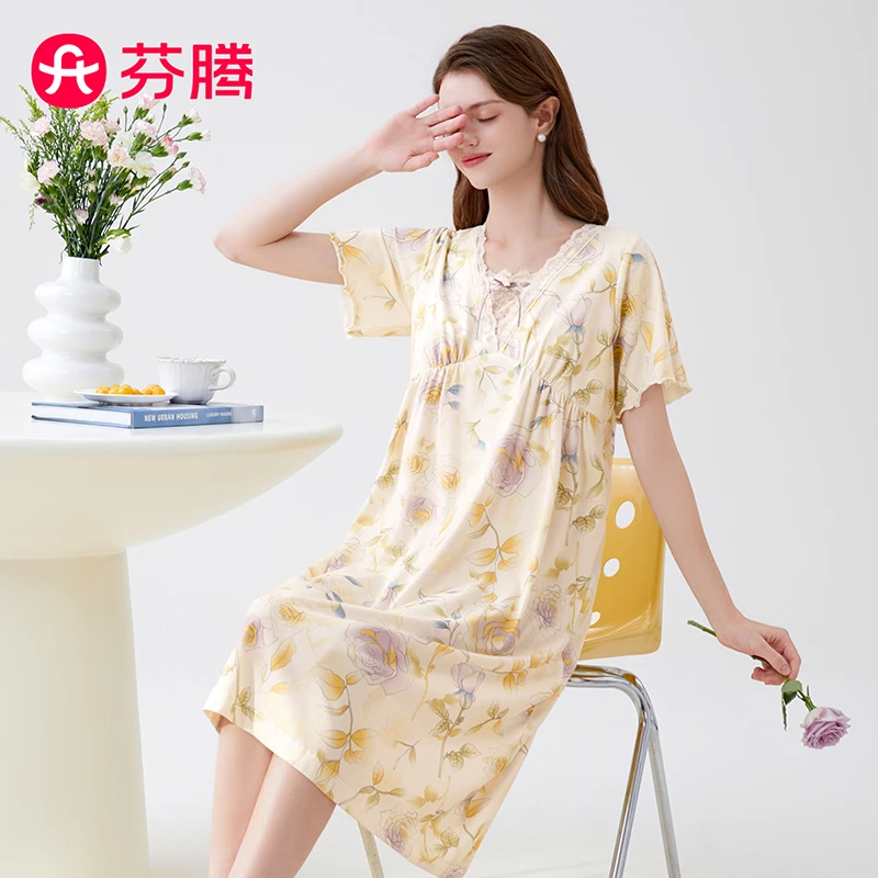 芬腾【100%纯棉】夏季气质v领碎花短袖洋气家居服女显瘦睡裙睡衣