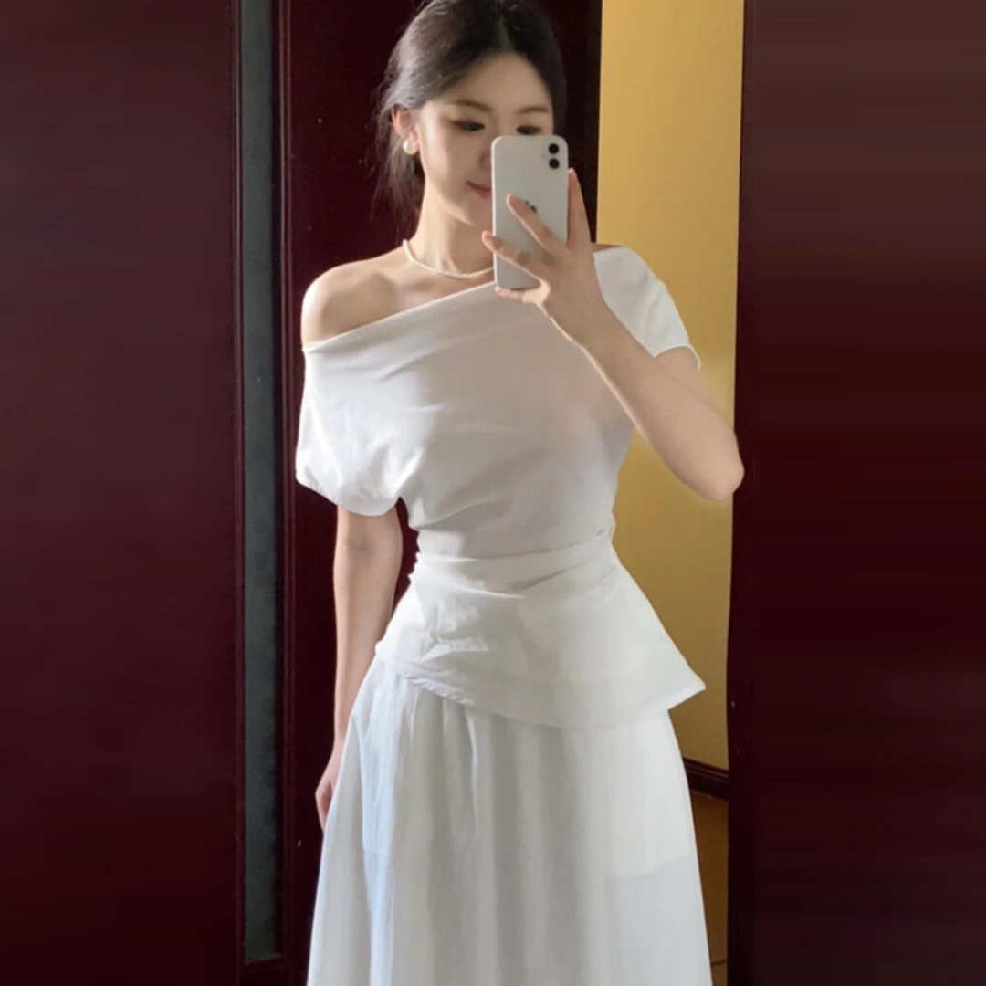 法式白色短袖连衣裙子女夏季2025新款设计感小众掐腰显瘦套装长裙