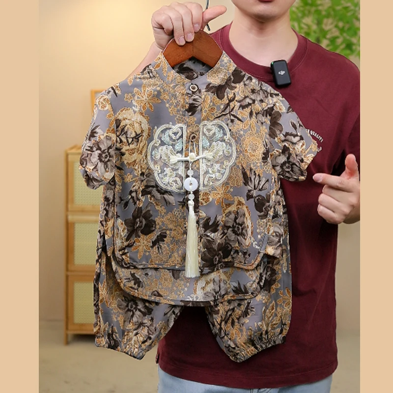 2025男女童夏装中国风开衫上衣中大小童新款儿童夏季休闲短袖童装