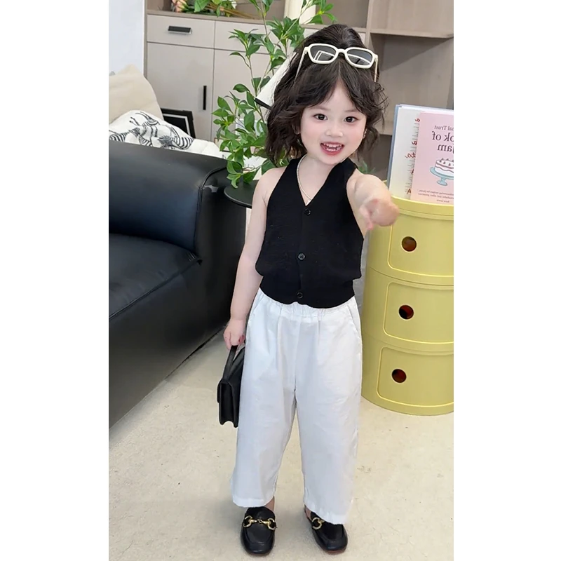 女童背心2025夏季新款韩系纯色背心上衣女宝宝设计感气质吊带套装
