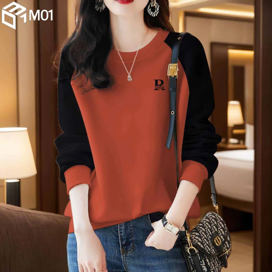 M01假两件橘红色拼接款圆领卫衣女2025秋季时尚宽松显瘦拼色上衣