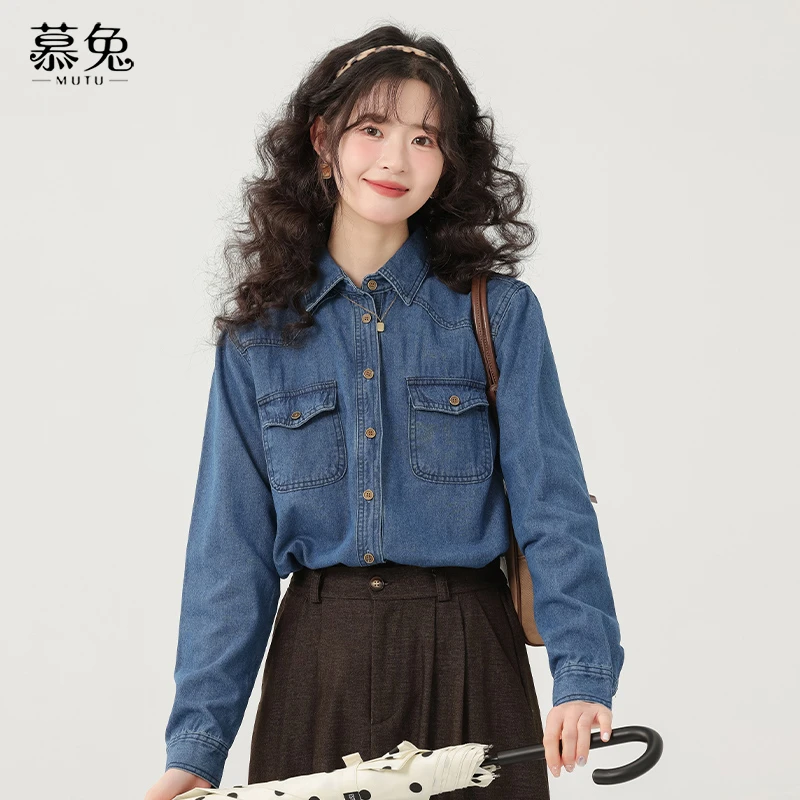 慕兔小个子复古牛仔衬衫女春2025新款别致设计感小众宽松休闲上衣