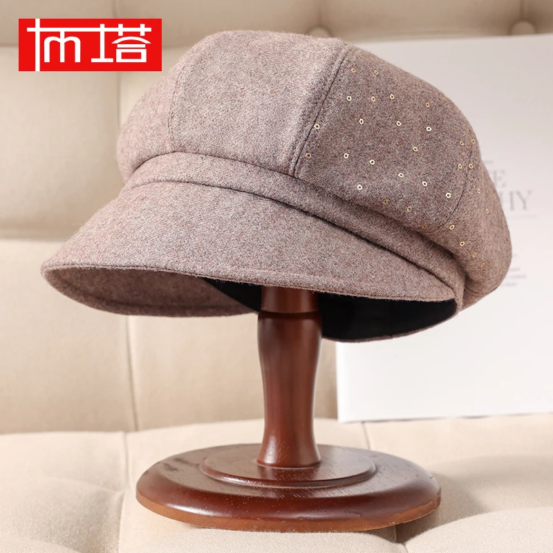 绵羊毛亮片混纺八角帽鸭舌帽百搭复古保暖气质亮片日系秋冬帽韩版