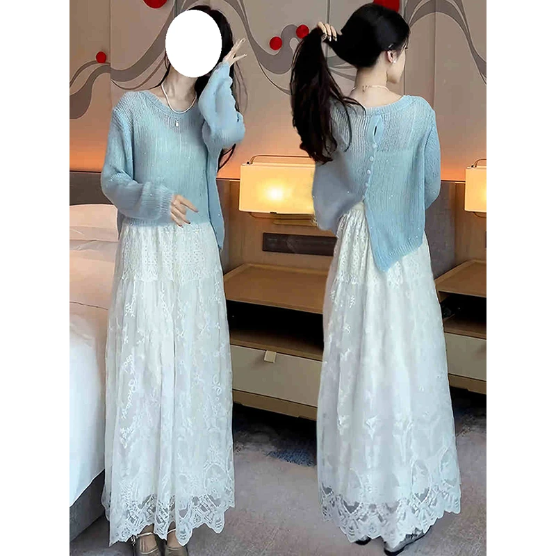 设计感后背纽扣薄款针织衫蕾丝半身裙套装女2025新款小个子一整套