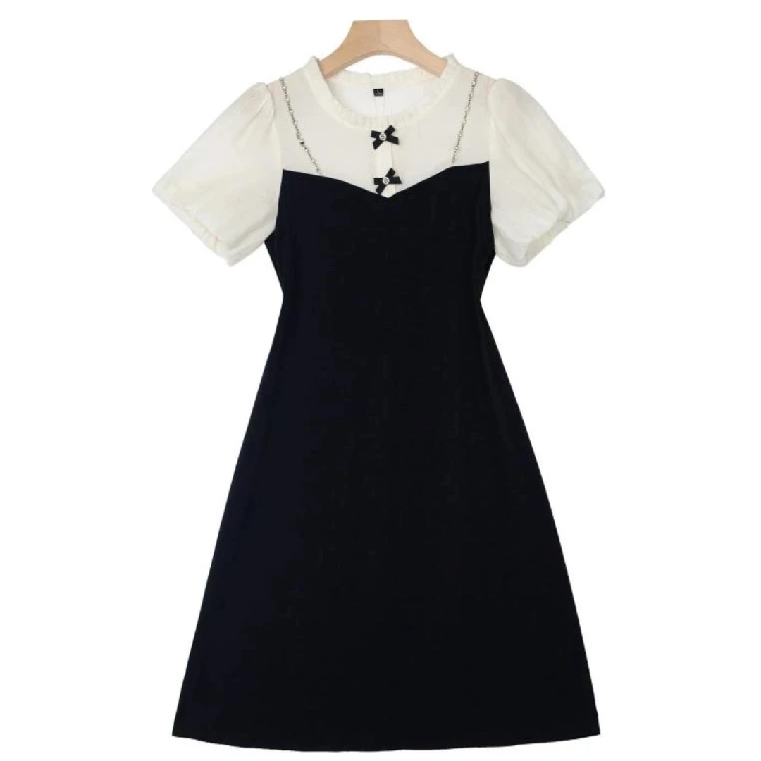 二L115玉秀儿小众气质整套连衣裙百搭夏季显瘦黑白拼色