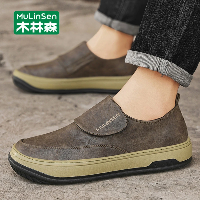 木林森男鞋2025新款秋季百搭厚底耐磨开车皮鞋男一脚蹬工作乐福鞋