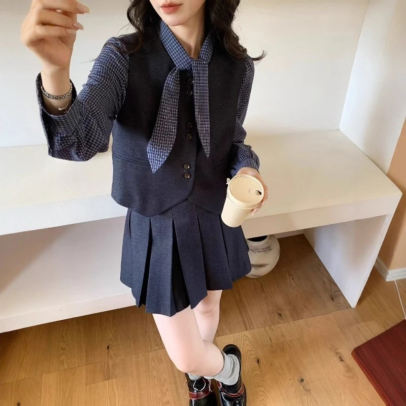 【三件套】【有里布】格子衬衫加百褶裙2025秋季学院风套装QY0050