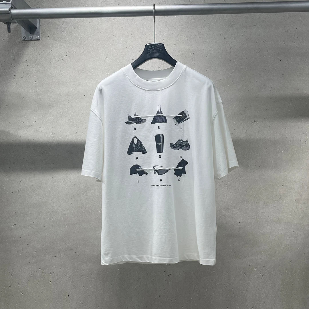 （好的服饰）巴黎夏重磅九宫格潮流印花休闲宽松纯棉圆领短袖 87189