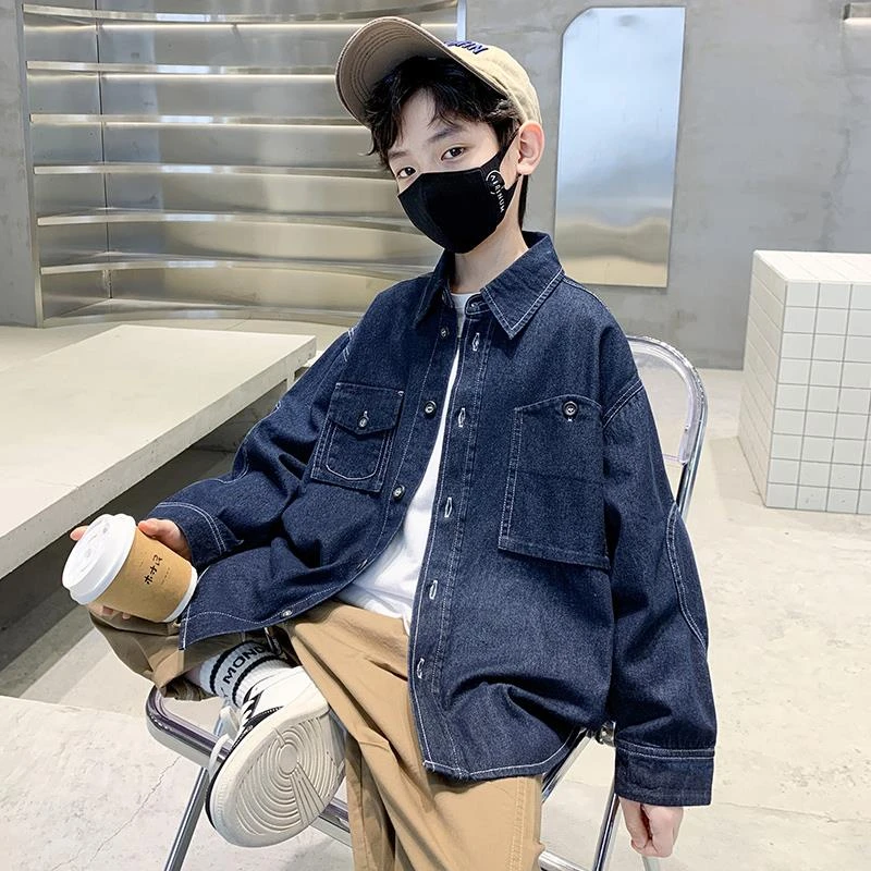 男童牛仔衬衫外套薄款春秋2023新款潮童工装儿童装男大童秋装上衣