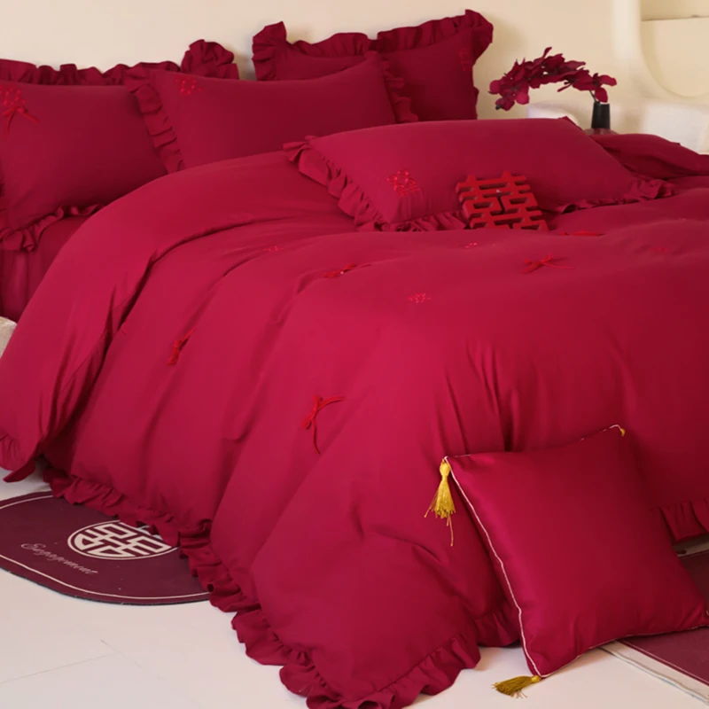 法式浪漫100全棉水洗棉花边婚庆四结婚四件套床上用品高端上档次