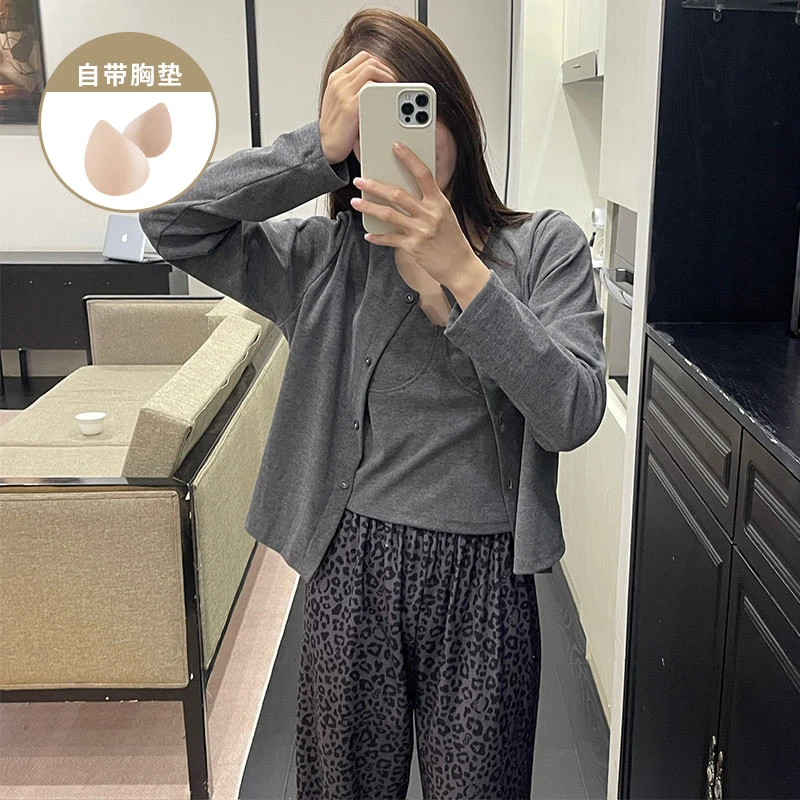 海岛绒带胸垫吊带长袖长裤睡衣女款三件套装保暖豹纹高级感家居服