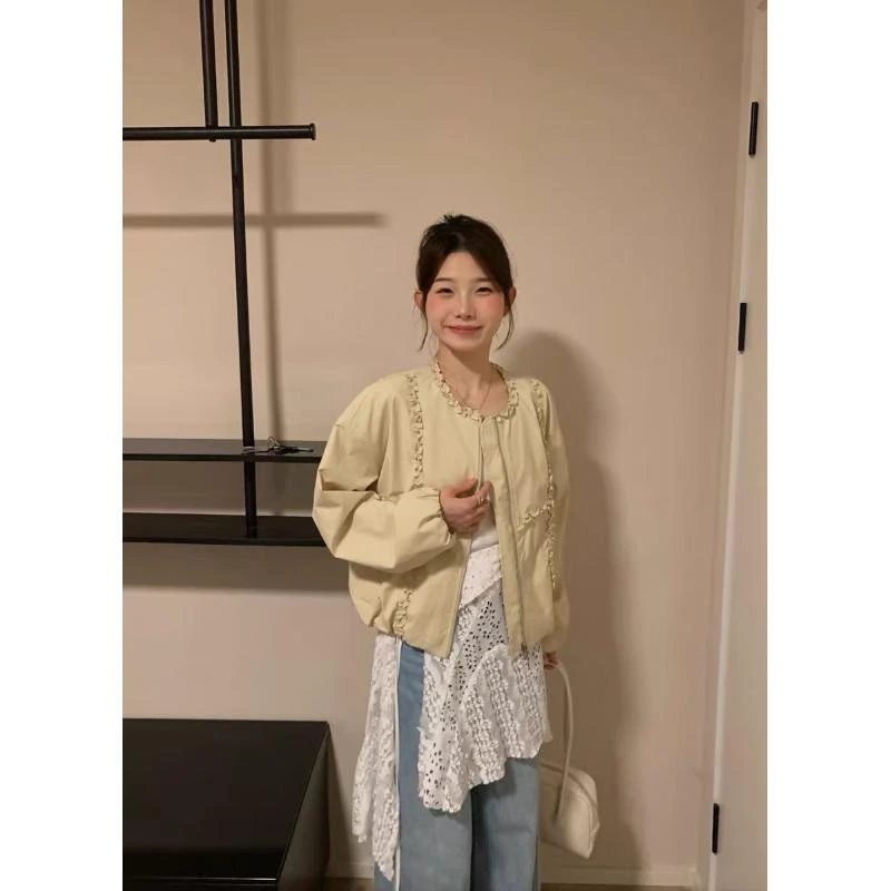 25776 木耳边外套女春季新款韩系甜美减龄宽松休闲棒球服夹克