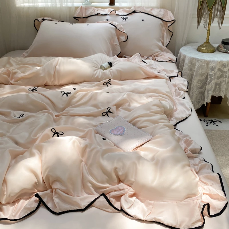 韩式公主风冰丝刺绣四件套2025新款水洗真丝被套少女心床单三件套