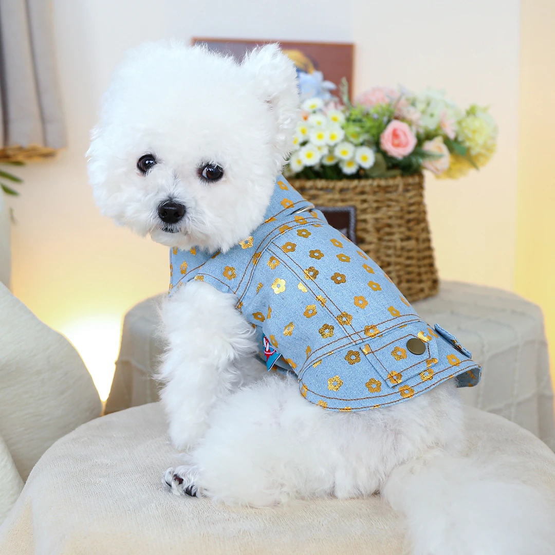 宠物狗狗衣服比熊博美泰迪春秋烫金小花朵牛仔衣