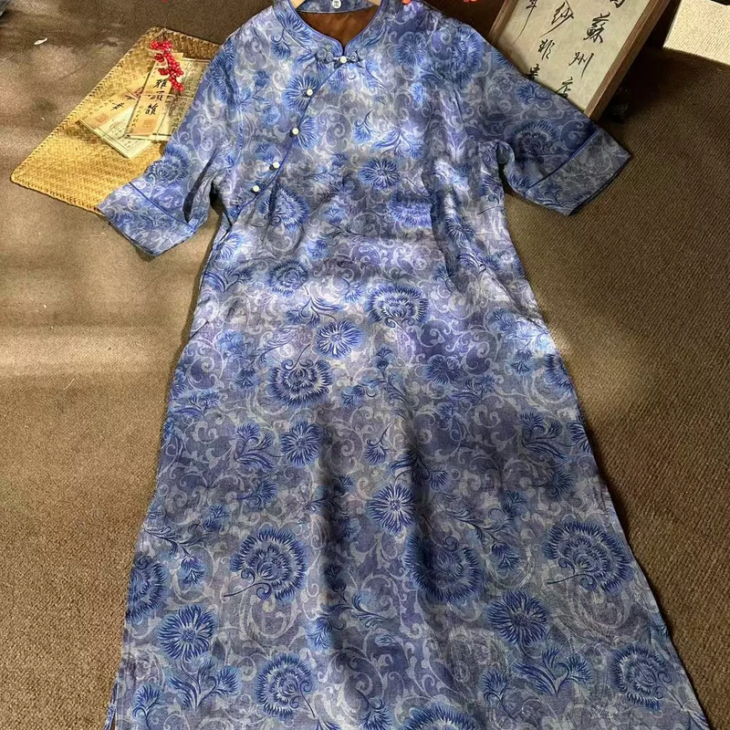 夏季新款蒲公英立领斜襟国风连衣裙