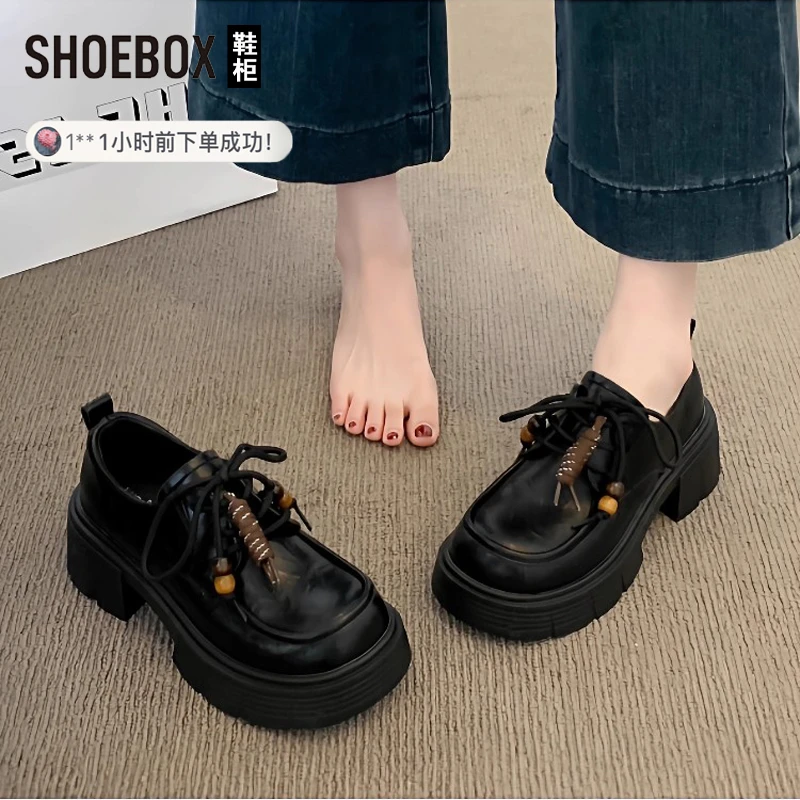 SHOEBOX鞋柜厚底乐福鞋女2025新款冬季软底不累脚英伦粗跟小皮鞋