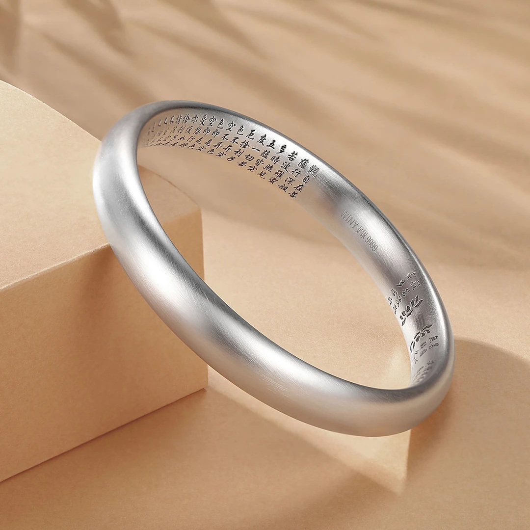足银手镯 足银9999女闭口古法传承心经磨砂素圈足银999足银首饰