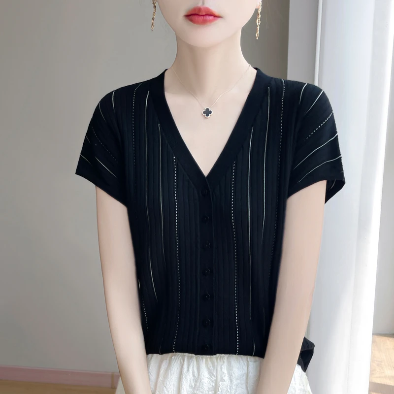 品牌女装轻奢桑蚕丝V领短袖T恤女夏季薄款天丝针织衫宽松凉感上衣