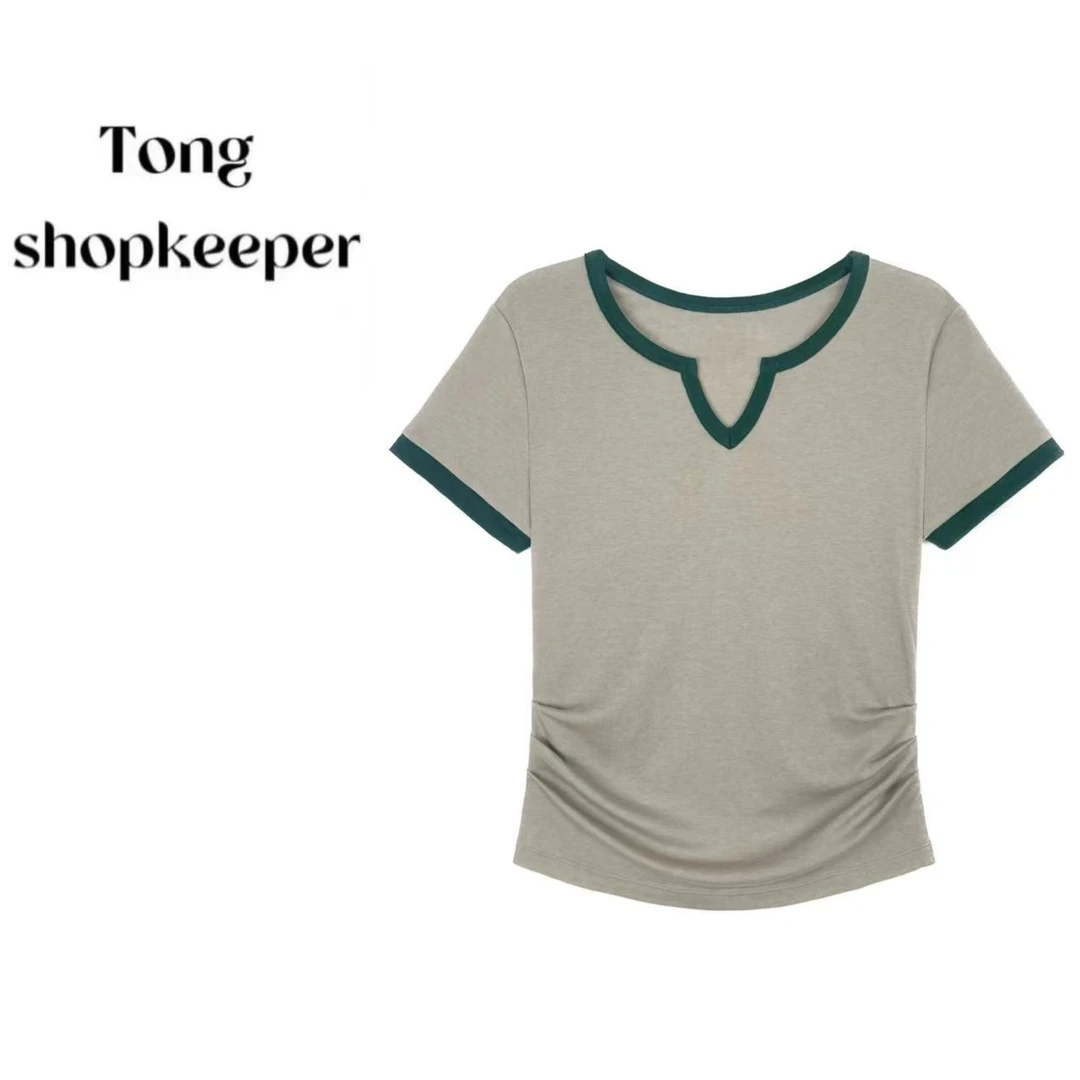 QJ/彤掌柜168999 夏款2025莱赛尔羊毛拼色设计显瘦百搭短袖上衣