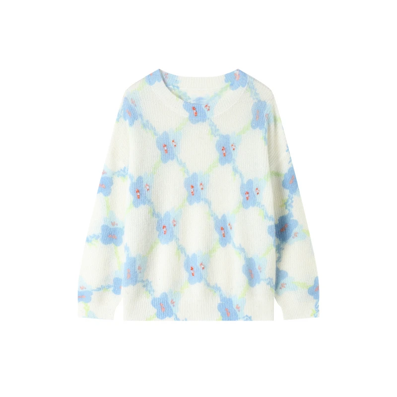 2025时尚春夏绵羊毛羊驼毛印花渐变圆领长袖百搭薄款针织衫