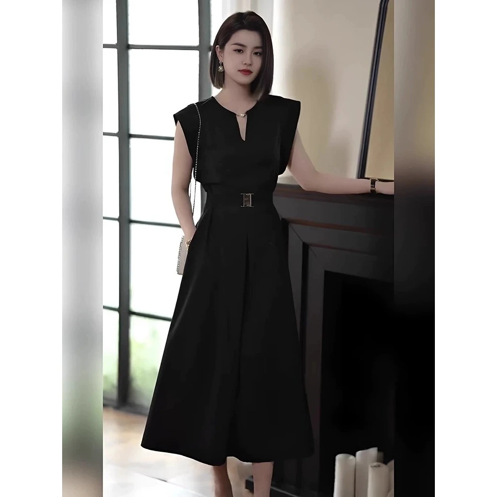 【送腰带】夏季新款时尚设计感轻奢气质今年流行赫本风小黑裙D1140