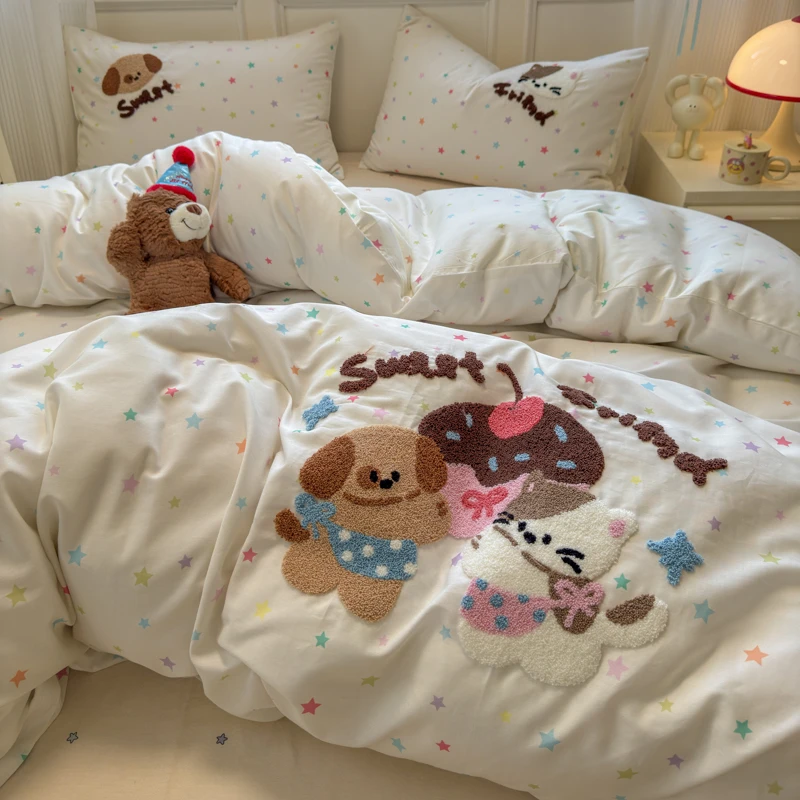 卡通全棉毛巾绣床上四件套女孩纯棉卡通床品被套床单宿舍三件套