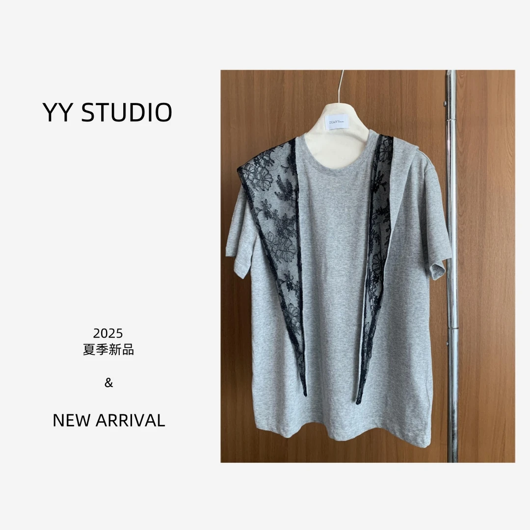 【YY STUDIO】夏季圆领短袖上衣设计感气质蕾丝拼接二件套T恤