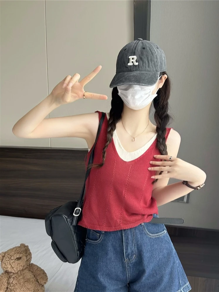 【工厂直销】新款假两件背心韩版无袖上衣女修身撞色设计感吊带潮
