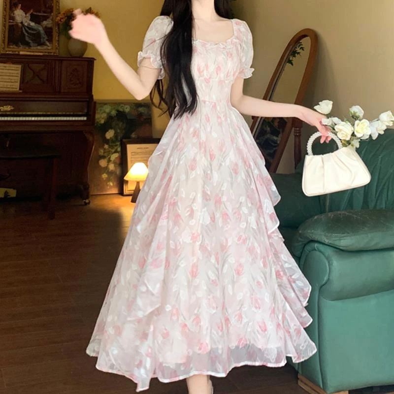 FAVMARTHA大码法式温柔仙女碎花方领连衣裙女夏季胖mm收腰显瘦气