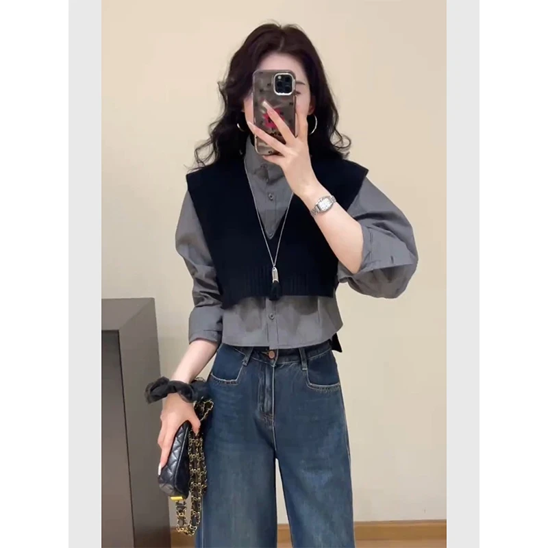 灰色短款衬衫叠穿马甲女时髦洋气极简高级感法式独特精致宽松上衣