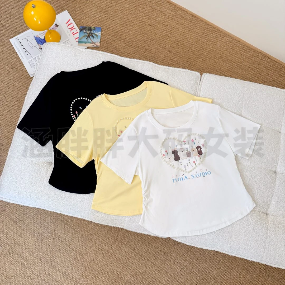 【涵胖胖】胖mm大码女盐系小众重工钉珠卡通小狗短袖T恤A1588【B】