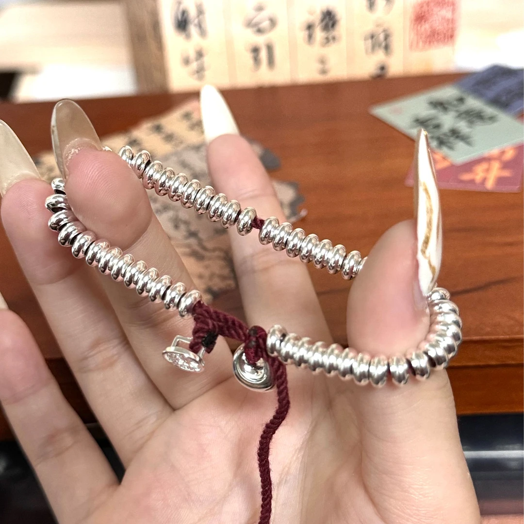 足银手链 45号 盘缠算盘珠足银手链亮面算盘珠平安喜乐手串新中式