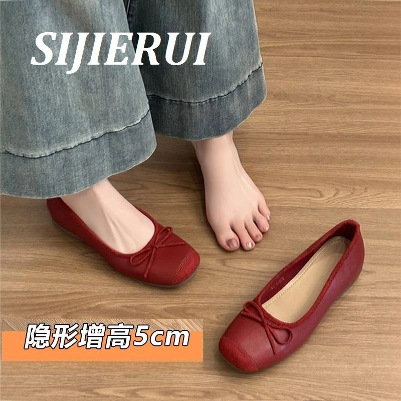 SIJIERUI真皮法式小个子内增高芭蕾舞单鞋女复古蝴蝶结一脚蹬女鞋