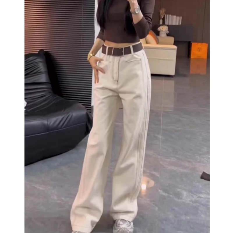 9051#白色高腰窄版阔腿牛仔裤女2025春秋款小个子直筒长裤拖地裤