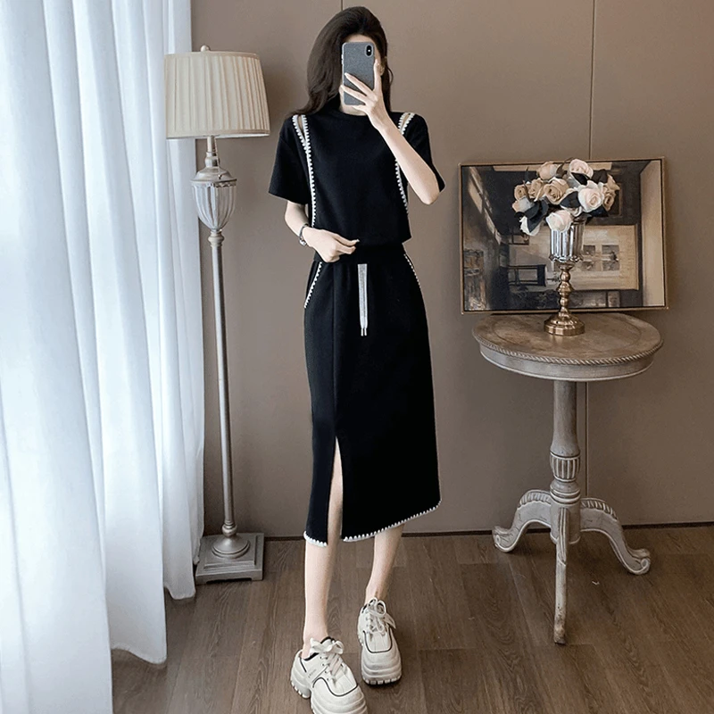 高含棉法式时尚套装裙女2025年夏季新款露肩短袖开叉半身裙两件套