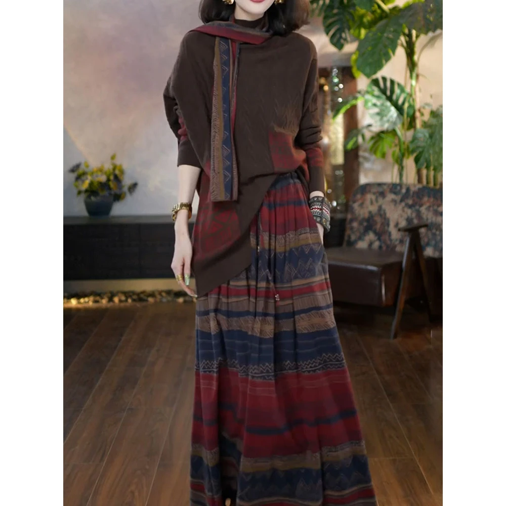 时尚洋气文艺风套装2025秋冬新款设计感撞色套头针织衫+半身长裙