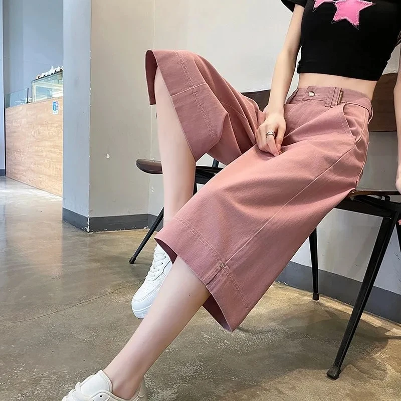 粉色阔腿牛仔裤女六分裤夏季小个子宽松显瘦梨形身材七分直筒裤女