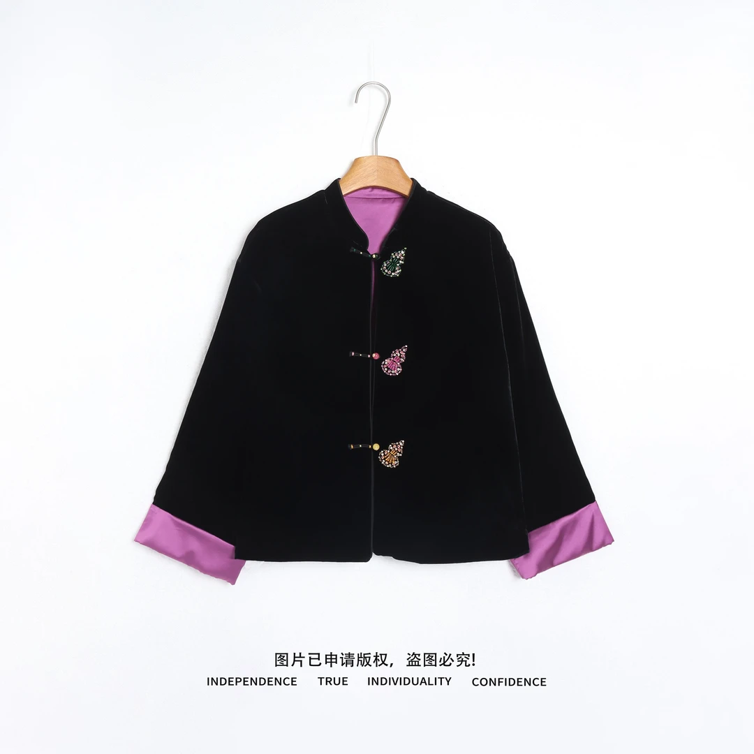 温温【葫芦】真丝丝绒新中式盘扣葫芦钉珠上衣重工刺绣外套 458969